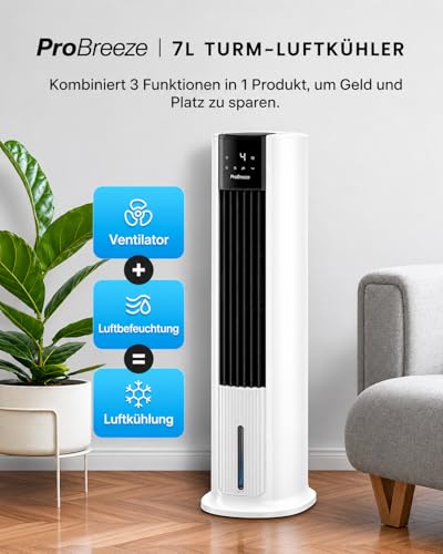Pro Breeze OmniAir Turmventilator mit Wasserkühlung - Luftkühler mit Fernbedienung, 4 Modi, 4 Gebläsestufen - Ventilator leise - Mobile Klimaanlage ohne Abluftschlauch - Verdunstungskühler, 7L