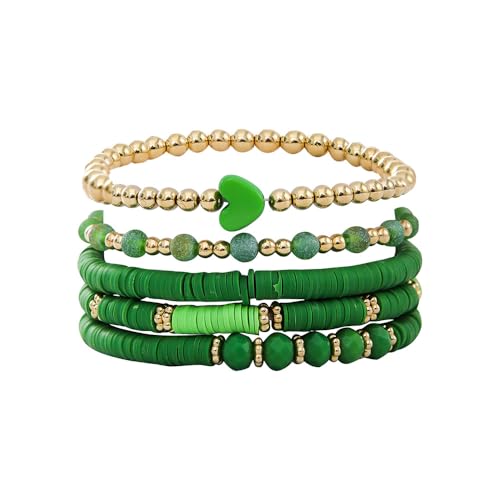 Bracelet élastique multicouche en argile colorée avec perles dorées et forme cœur
