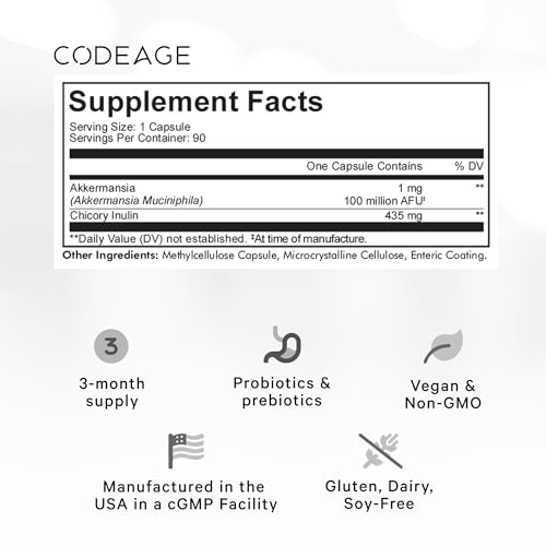 Codeage Akkermansia Muciniphila Probiotic Supplement - 3-Month Supply of Akkermansia Probiotic & Chicory Inulin - Daily Synbiotic Probiotic Chicory Root - 100 Million AFUs - Gluten-Free - 90 Capsules