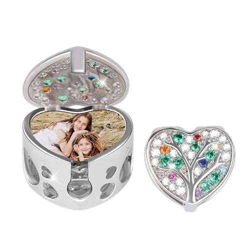 GNOCE Personalisiert Foto Charm 925 Sterling Silber Damen Bead Anhänger mit CZ Steinen Stammbaum Charm Gut für Armband oder Halskette Fashion Schmuck Geschenk für Frauen