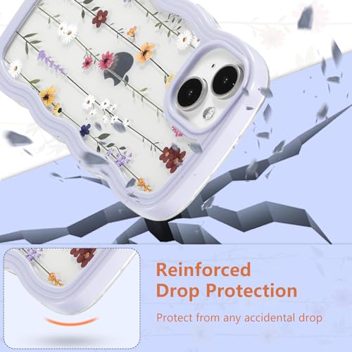 ZTOFERA iPhone 13 / 14 用波状のケース おしゃれ iPhone 13 クリアケース 人気 韓国 女子 アイフォン 14 ウェーブケース かわいい 花柄 クライミングフラワー スマートケース 軽量 耐衝撃 ハード PC ソフト TPU バンパー ケース 画面レンズ保護 透明 携帯カバー (パープル）