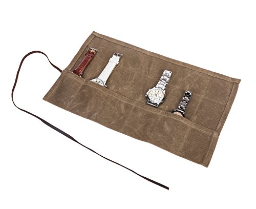 Image of Waxed Canvas Watch Roll Handmade Waterproof Multi-Purpose Travel Case Watch Roll-up Organizer Holds 6 Wristwatches Best Gift for Him Her Boyfriend Girlfriend Mom Dad Wife & Husband HGJ03-I