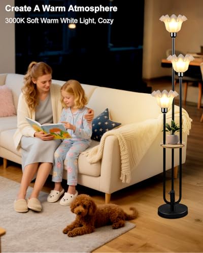 Image of Lightdot Flower Floor Lamp for Living Room Dimmable Vintage Floor Lamp with Shelf & Bulbs Included Mid Century Black Floral Standing Tall Lamp with 5Lbs Heavy Base for Bedroom /Sofa Beside /Corner Decor