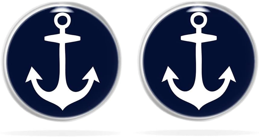 Miss Lovie Maritime Anchor 12 mm Cabochon Dangle Earrings Fashion Jewellery Stud Earrings – Dark Blue White Bronze