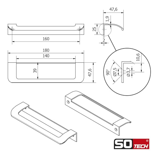 Tirador de muebles antihuellas de 160 mm para solucionar el desgaste en cajones y armarios 7