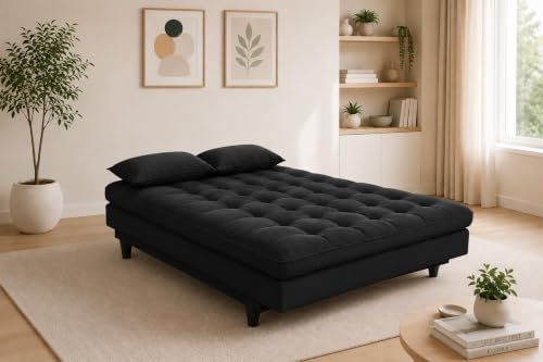 Image of 3-Seater Velvet Sofa Cum Bed | Tufted Convertible Sleeper Sofa | Plush Cushioned Seating | Space-Saving Design for Living Room, Bedroom & Office | Black