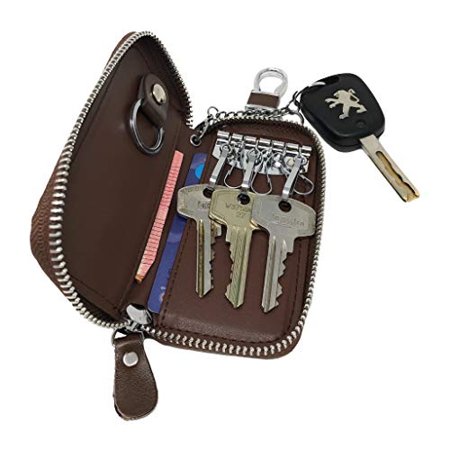 Su.B.dgn Genuine Leather Key Case Key Holder - 6 hooks, 2 Long Car Key Chain, 2 Cards Notes Wallet - Brown