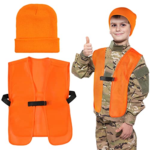 Tarpop Kids Blaze Orange Hunting Vest and Knit Cap Set Includes Classic Vest and Cap 6-13 Years Hunting and Winter Knit Kids Hat Orange Beanie for Youth Boys Girls Outdoor Hiking