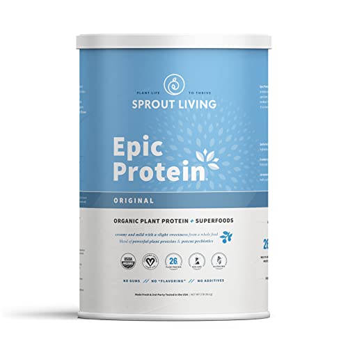 Sprout Living, Epic Protein, Plant Based Protein & Superfoods Powder, Original, Unflavored | Organic Protein Powder, Vegan, Non Dairy, Non-GMO, Gluten Free, Sugar Free, Perfect Keto Drink Mix (2 lb)