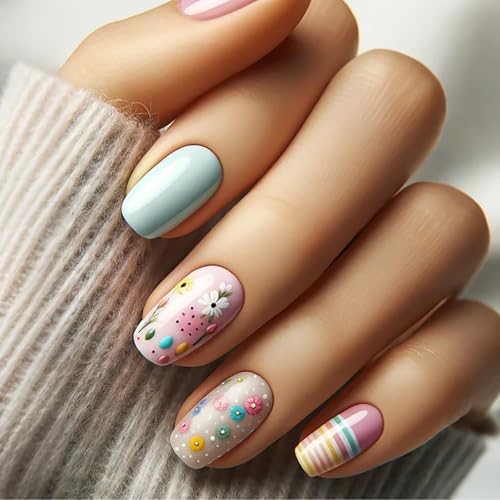 24Pcs Easter Press on Nails Easter Egg & Glossy Flower Design Fak...