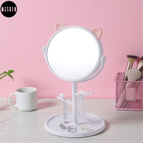 Image of MESKIN Cute Cat Ear Vanity Makeup Mirror with Storage Tray and Jewelry Holder Stand, 360 Desktop Swivel Dressing Table Mirror for Girls, Teens, Dorm Room, Bathroom Mirror (Pack of 1, White)