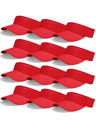 12 Pack Sun Visor Hats Unisex Sports Softball Adjustable Cap Sun Protection for Women Men (Red)