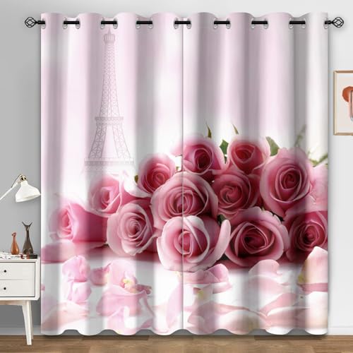 Cortinas Salon Dormitorio Torre De Flores Rosadas Cortinas Termicas Aislantes Frio y Calor Poliéster Lavable Habitación Infantil Decoración Cortina Opaca con Agujeros 2 Piezas 2x140x250 cm