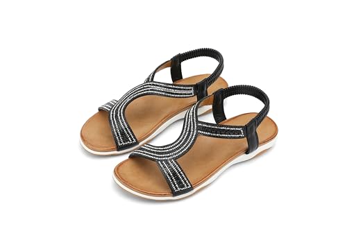 Image of UBFEN Flat Sandals For Women Dressy Arch Support Comfortable Casual Sandal With 2026 Rhinestone Braid Elastic Strap Summer Vacation