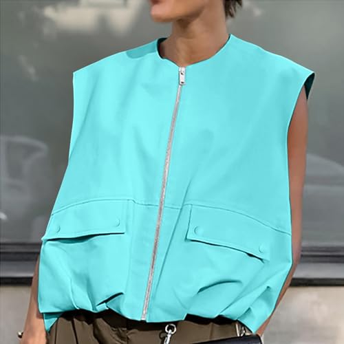 Damen-Westen Sommer Cargo Weste Leichte Sommerwesten Y2k Vingtage Vest Ärmellos Cropped Jacke Mit Taschen und Reißverschluss Herbst Übergangsjacke Outdoor Softshell Damenwesten Jeansweste Übergroße