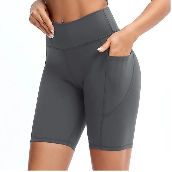 Women's Light Compression Biker Shorts 8" High Waisted Yoga Gym Side Pockets Nylon & Spandex Short Solid (26 Till 32) Pack of 1-image-31