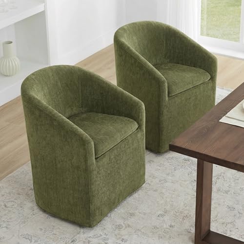 Image of KISLOT Upholstered Dining Chairs Set of 1 with Casters, Modern Side Barrel Armchair with Washable Slipcover & Sturdy Metal Frame for Diningroom Bedroom Livingroom Reading Room, Green Fabric