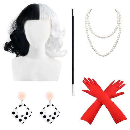 Collana di perle e orecchini maculati: la lunga collana di perle artificiali si abbina perfettamente a questa parrucca di Halloween in bianco e nero cosplay deville. Indossare la collana di perle con guanti rossi ti farà sembrare elegante e affascinante. Gli orecchini presentano anche elementi punti, che si abbinano al tema di questo costume da cosplay da donna deville in bianco e nero. Questa collana e orecchini sono entrambi stili casual, quindi sono adatti per l'uso quotidiano.