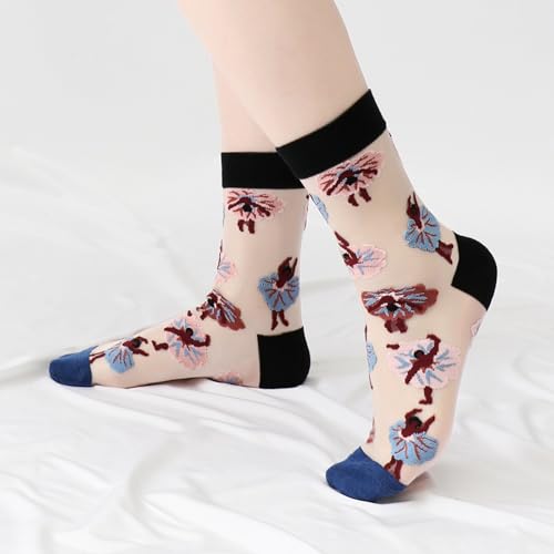 Image of DXYAKY Women's Sheer Floral Embroidered Socks - Vintage Transparent Thin Mesh Crew Socks, Cute & Fashion Lace Aesthetic Ankle