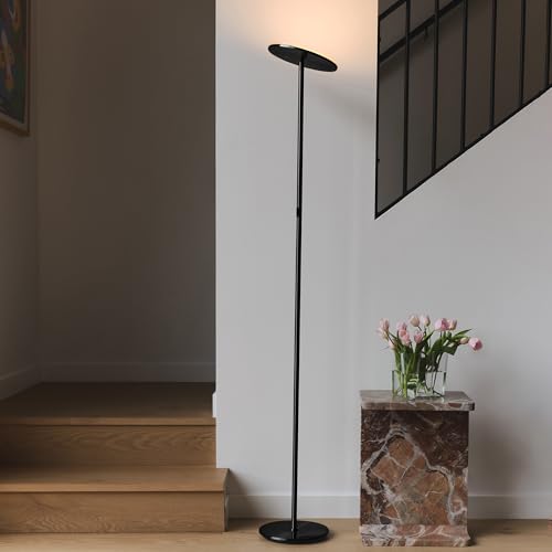 Image of Brightech Sky LED Floor lamp, Torchiere Super Bright Floor Lamp for Living Rooms & Offices - Dimmable, Tall Standing Lamp for Bedroom Reading - Black Chrome