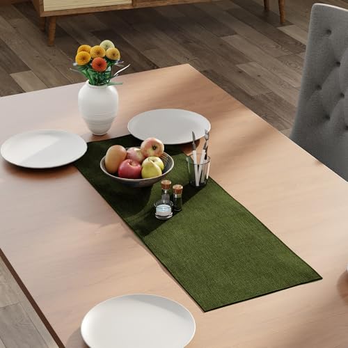 Image of Encasa XO Dining Table Runner for 4 Seater, Chenille Fabric Green