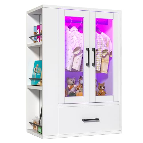 Semoic Wooden Dog Closet with LED Lights Pet Wardrobe Organizer | Storage Cabinet for Dog & Cat Clothes Toys Food | Multi-Use Furniture White