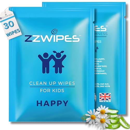 ZZwipes for Kids Clean Up Wipes with Aloe Vera and Chamomile Alcohol Free Individually Wrapped Gentle for Sensitive Skin Travel School Sports Pack of 30 Made in the UK