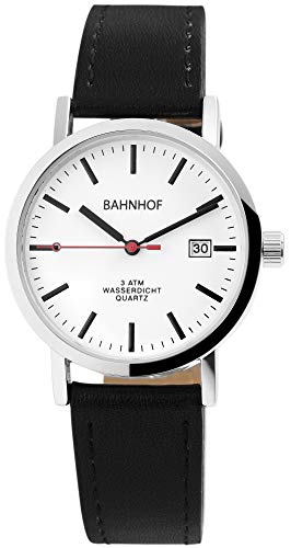 Bahnhof Herren-Uhr schwarz Kunstleder Armbanduhr Länge 23,5cm ⌀35mm mit Datumsanzeige gut ablesbare 3-Zeiger Bahnhofsuhr