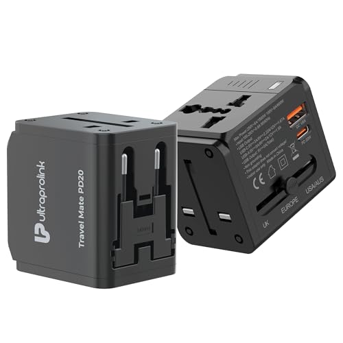 Image of UltraProlink International All in One Universal Travel Adapter|20W Charger|USB-A + Type C Port|PD3.0 Support|1500W|for Mobile, Tablets, Cameras |UM1189|Travel Mate PD20|Black
