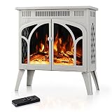 Electactic 24Inch Electric Fireplace Stove, Free-Standing Infrared Fireplace Stove, Controllable 3D Flame, 4 Variable Flame&Log Colors, 1500w, 5100BTU, Beige