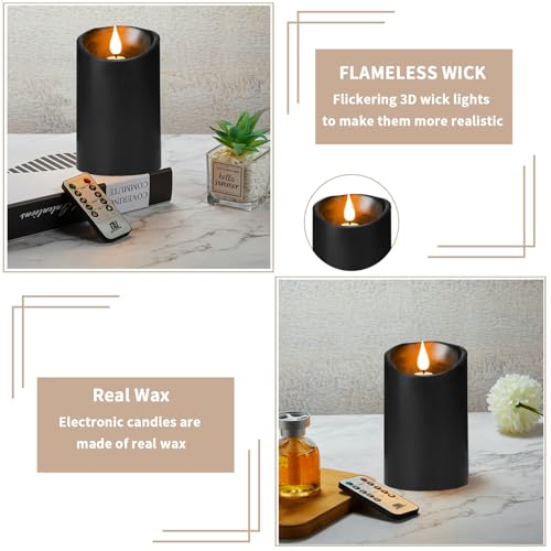 Image of Rechargeable Candles, Flameless Candles with Remote and Timers, Flickering Battery Operated Candle Real Wax Black USB Candle 3D Wick for Home, Wedding, Christmas 3 inch x 4 inch