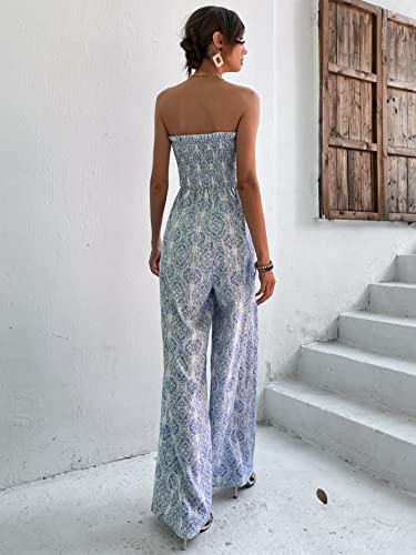 Makemechic Women's Allover Print Strapless High Waist Wide Leg Summer Jumpsuit Romper Blue And White M #TOP1