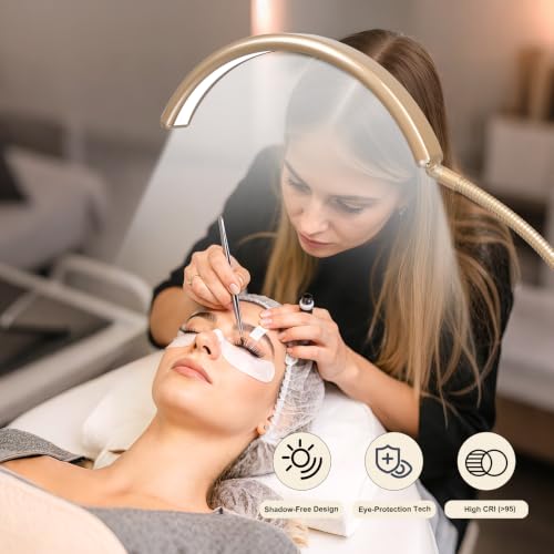 Image of Half Moon Lash Light for Estheticians, LED Lamp for Eyelash Extensions, Nail Tech, Tattoo, Eye Caring Floor Reading Light for Study, Work & Crafts, Adjustable Color Temperatures & Brightness (Gold)
