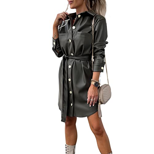 Auciho Women s PU Leather Dress Solid Color Long Sleeve Lapel Faux Leather Button Down Shirt Dress Open Front Long Jackets with Belt (Army Green, X-Large)