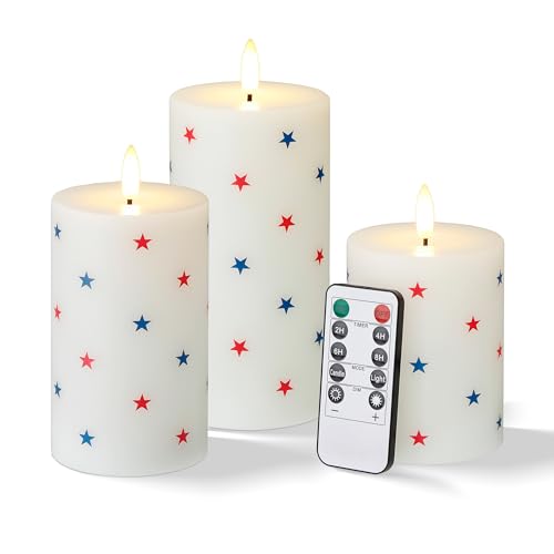 Velsyn Flameless LED Candles 3 Patriotic Americana Pillar Candles Timer Remote Ready Stars Design for July 4th Memorial Day