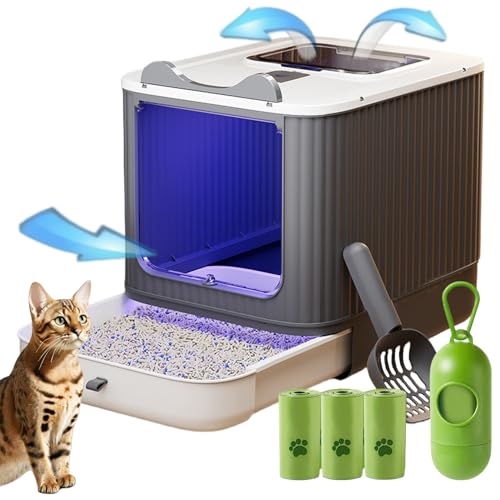 Seemo Foldable Cat Litter Box with UV Sterilizing Light Odorlock Systemdrawer Type Toilet with Scoop deodorizing Bag 3 Volumes Poop Bags and a Dispenser 01 Greywhite Large