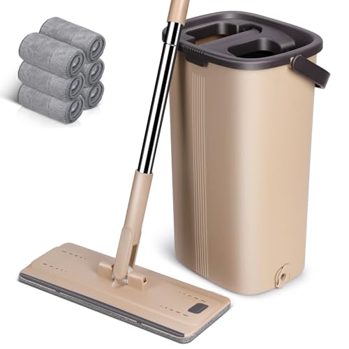 MASTERTOP Mop and Bucket,2 in 1 Self-Cleaning Floor Mop with Wring System,Hands Free Flat Mop Bucket Set with Adjustable Stainless Steel Handle&6 Microfibre Pads for Hardwood Laminate Tile Floors