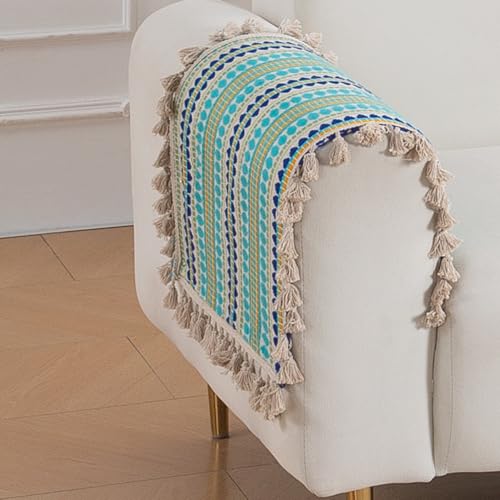 Image of HOKIPO 'Artisan Boho Series' 450 GSM Sofa Arm Cover | Cotton Acrylic Jacquard Fabric Armrest Cover with Tassel, 50x70 cm, 1 Pair, Aqua Blue (IN-899-A4*2SC)