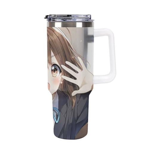 タンブラー K-ON! けいおん 平沢唯 水筒 40OZ 真空断熱 保温保冷 ステンレスマグボトル 結露しない ストロー付き/直飲み可能 洗いやすい ハンドル付き 車内用 アウトドア キャンプ 大容量