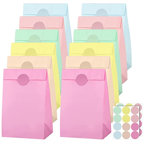 Cooraby 30 Pack Pastel Gift Candy Paper Bags with Stickers 5.1 x 3.1 x 9.4 Inches Snack Sweet Craft Bags for Birthday Wedding Party Anniversaries with 48 Stickers