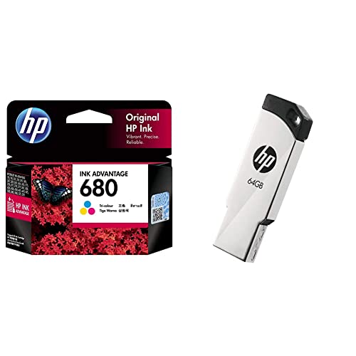 Image of HP 680 Tri-Color Original Ink Advantage Cartridge & v236w USB 2.0 64GB Pen Drive, Metal