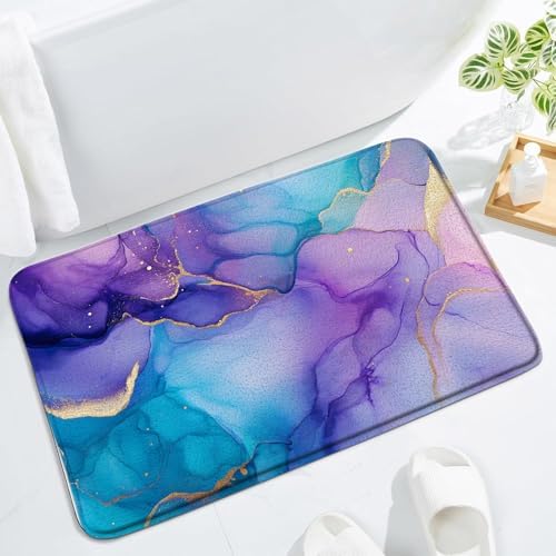 Modern Marble Bath Mat Abstract Teal Purple Blue Luxury Texture Stone Cracked Watercolor Aesthetic Decor Bathroom Rug Floor Mat image 5