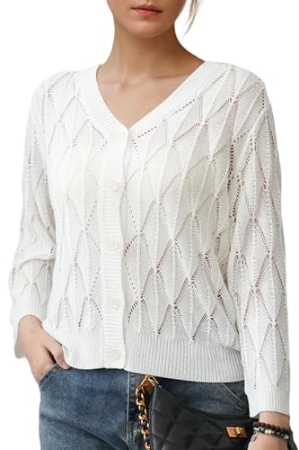 Image of Women's 2025 Crochet Sweater Cardigan 3 /4 Sleeve Lightweight Summer Knit Sweater | Open Front Boho Shrug Top | Beach Cover-Up & Office Wear | Machine Washable 21-White-L
