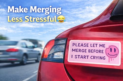 Image of WSQ Funny inchPlease Let Me Merge Before I Start Crying inch Bumper Sticker - 8 inch Waterproof Pink Vinyl Car Decal - Cute Sarcastic Driving Sticker for Women, Teens, New Drivers
