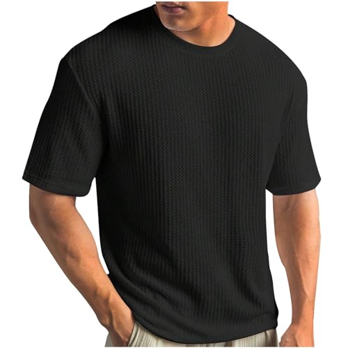 Maglietta a maglia da uomo, tinta unita, a costine, casual, girocollo, a coste, estiva, a maniche corte, leggera, comoda, basic top da fitness, S-5XL, Nero , M