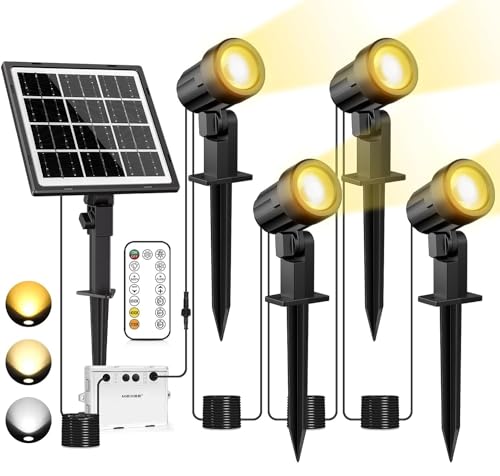 MEIKEE Solarstrahler für Außen 4 Stück mit Fernbedienung Solarlampen für Außen 2700K 4000K 6000K 3 Helligkeitsstufen IP66 Wasserdichte Solarleuchte für Gärten, Sträucher und Bäume