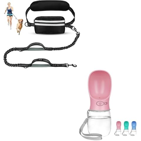 Hands Free Dog Leash with Pouch & Dog Water Bottle 12oz, Pink Cover