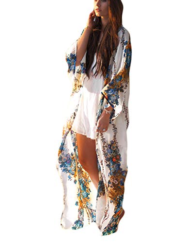 Bsubseach Long Sleeve Chiffon Sunscreen Beach Cover Ups for Women Floral Print Loose Swimwear Bikini Cover Up Kimono Cardigan