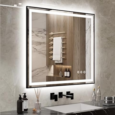 VanPokins LED Vanity Mirror, 40x36 Inch Black Framed Gradient Front and Backlit Bathroom Vanity Mirror, 3 Colors Dimmable CRI>90, IP54 Enhanced Anti-Fog Wall Mounted LED Mirror Cover