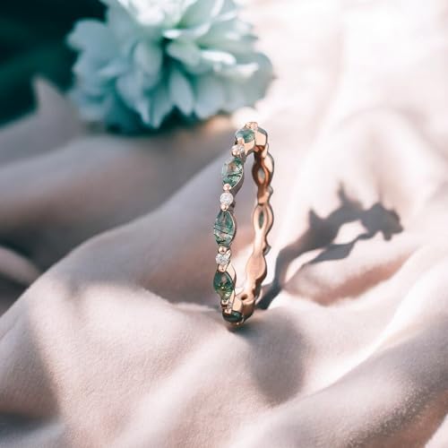 Dainty Marquise cut Moss agate wedding band Unique Rose gold Full eternity wedding ring Moissanite Stacking band Promise Aquatic agate ring2